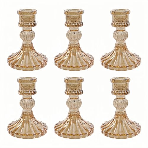 Glass Candlestick Holder,Striped Taper Candle Holders,Set of 6 Candle Stand for Table Centerpieces, Home Decor,Weddings,Festival and Parties (Amber Stripe Pattern) - color: Amber Stripe Pattern
