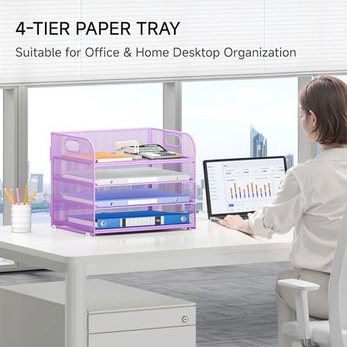 Lavatino 4-Tier Paper Organizer Trays - Purple Mesh File Folder Sorter with Handles, Desk Letter Holder Organizer for Office, Home, School Supplies Storage & Organization - color: 4 Tier - Purple
