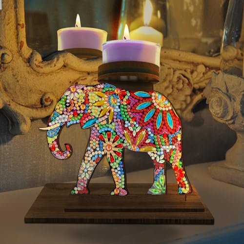 BAYUNOE DIY Candlestick Holders Wooden Desktop Diamond Art Painting Candle Holder Double-Sided Diamond Vintage Modern Decorative for Table Mantel Wedding Dinning Party-Gorgeous Elephant - color: Gorgeous Elephant