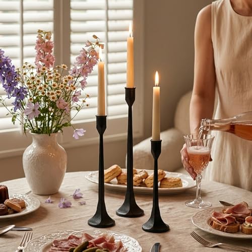 Black Iron Taper Pillar Candle Holders Set of 3, Candlestick Holders Rustic Vintage Decorations, Tall Candle Stand for Home Decor Mantle Dining Coffee Table Outdoor Wedding-11.8"+13.8"+15.4" - color: Black