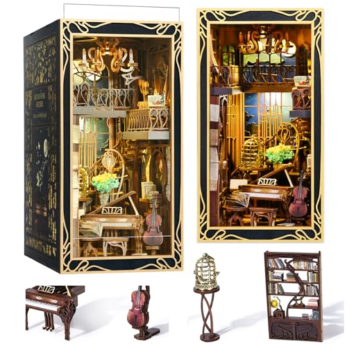 MiniCity DIY Book Nook Kit for Adults, 3D Wooden Puzzle Bookend Bookshelf Insert Decor with LED Light and Dust Cover (Pianist with Nightingale) - style: Pianist with Nightingale