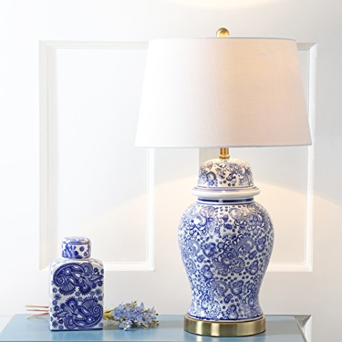 JONATHAN Y 29.5" Blue/White Ceramic Table Lamp for Living Room and Office, White Linen Drum Shade, Traditional Chinoiserie Ginger Jar Lamp, LED Bulb Included JYL3008A - color: Blue/White