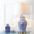 JONATHAN Y 29.5" Blue/White Ceramic Table Lamp for Living Room and Office, White Linen Drum Shade, Traditional Chinoiserie Ginger Jar Lamp, LED Bulb Included JYL3008A - color: Blue/White