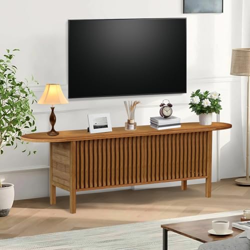 Bamboo TV Stand for TVs up to 65", Accent Entertainment Center with Storage, Media Console Table with Fence Door, Modern TV Stand for Living Room, Bedroom, 55"(L), Walnut - color: Walnut Fence Door