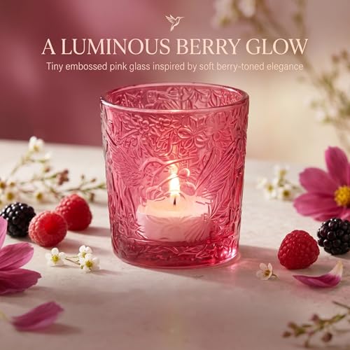 12 Pack Hummingbird Embossed Glass Candle Holders – Votive Tealight Holders with Patent Design, Decorative Embossed Glass Cups for Wedding Centerpieces, Parties, and Home Décor (Wildberry Red) - color: Wildberry Red