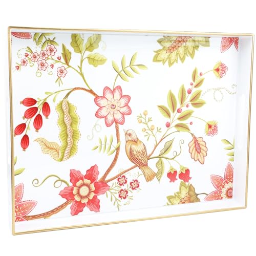 Spsyrine Decorative Serving Tray with Handles, White Lacquered Coffee Table Tray for Ottoman, Rectangle Waterproof Platters for Centerpieces, Parties, Living Room, Kitchen Counter Organization - color: White-bird, size: 16" x 12" x 1.6"