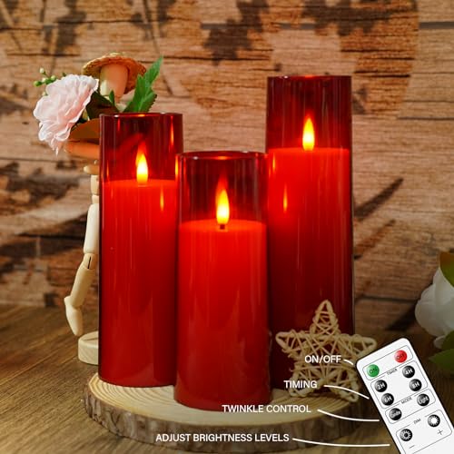 kakoya Flickering Flameless Candles Battery Operated with Remote and 2/4/6/8 H Timer Plexiglass Led Pillar Candles Pack of 9 (D2.3 xH5.5 6.5" 7.5") with Realistic 3D Wick Candles for Home Decor(Red) - color: Red