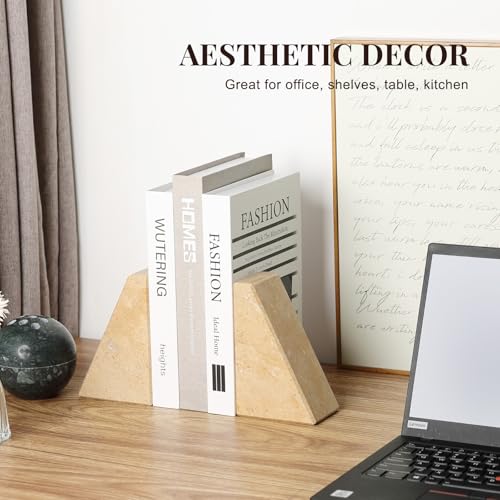 Koville Marble Bookends for Shelves, Large Bookends for Heavy Books, Non-Slip Heavy Duty Book Stopper for CD/Movies, Aesthetic Decorative Bookends for Shelves Table Home Decor(Brown) - color: Trapezoid-brown
