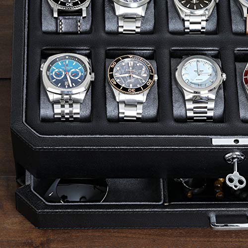 ROTHWELL 12 Slot Leather Watch Box with Valet Drawer - Luxury Watch and Jewelry Case Display Organizer, Microsuede liner, Mens Locking Storage Holder Large Glass Top (Black/Grey) - color: Black / Grey