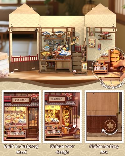 Book Nook Kit - DIY Miniature Japanese Fan House, 3D Wooden Puzzle Dollhouse with LED Lights, Tiny Bookend & Creative Bookshelf Decor, Crafts Gifts for Adults - style: Tsukino Eogi-dou