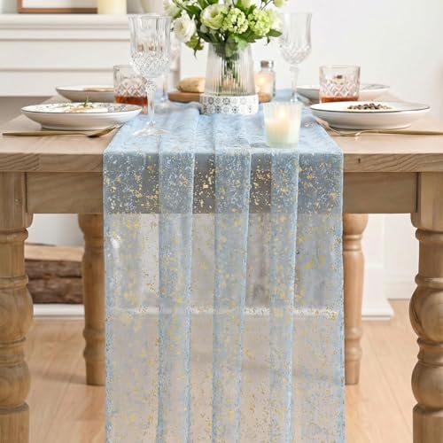 Artoid Mode Gold Gauze Light Blue Table Runner 120 Inch 10FT, Glitter Metallic Foil Sheer Dining Wedding Anniversary Holiday Birthday Table Decor for Home Party - color: Light Blue Gold, size: 28" x 120"