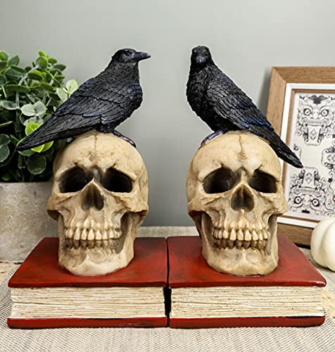 Ebros Edgar Allan Poe Harbinger of Doom and Bad Omens Raven Crow Perching On Skull with Ancient Book Pair of Bookends Statue 7.5" Tall Bibliography Gothic Macabre Ossuary Figurine As Halloween Decor