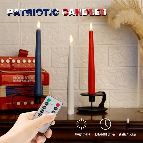 Patriotic Flameless Taper Candles With 3D Wick - 9.6" Real Wax Red White and Blue With Remote and Timer - 4th of July LED Battery Operated Fake Candles, 3 Pack - color: Red,White,Blue