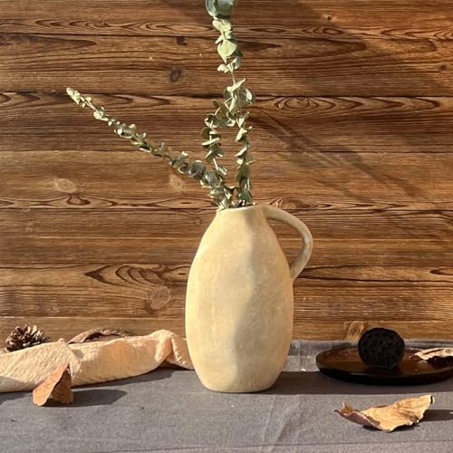 Vintage Handmade Ceramic Rustic Farmhouse Vase with Handle, Beige Terracotta Pottery Vase for Home Decor, Farmhouse Flower Vase for Living Room, Kitchen, Office Centerpiece, 10.3 Inch - color: Beige