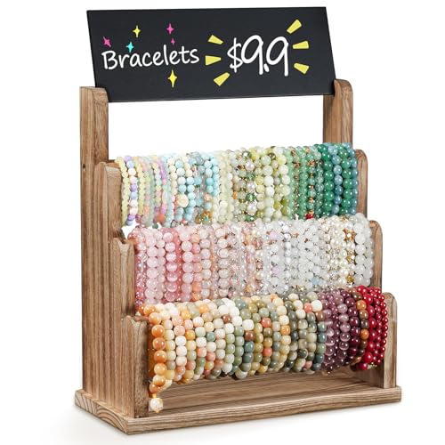 Emfogo Bracelet Holder with Advertising Board, 3 Tier Bracelet Organizer Stand Storage for Bracelets Bangles Watch Scrunchies, Rustic Wood Jewelry Display for Vendors, Craft Shows (Rustic Brown) - color: Rustic Brown