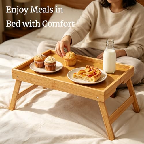Fibogollo 2 Pack Bamboo Bed Tray Table with Folding Legs,Breakfast Trays,Serving Tray for Food and Snack,Laptop Trays for Working(Natural) - color: Natural, size: 2 PC