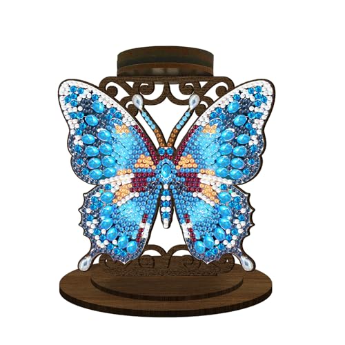 BAYUNOE DIY Candlestick Holders Wooden Desktop Diamond Art Painting Candle Holder Double-Sided Diamond Vintage Modern Decorative for Table Mantel Wedding Dinning Party-Blue Butterfly02 - color: Blue Butterfly02