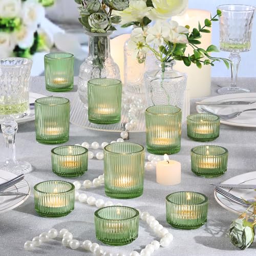 NITIME 10pcs Ribbed Green Votive Candle Holders for Wedding Table Decor, Assorted Tea Light Candle Holder Glass, Green Candle Holders for Table Centerpieces, Brithday and Tea Party Decorations - color: Green