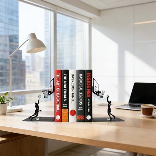 Basketball Bookends Decorative Metal Book Ends for Shelves, Matte Black Iron Basketball Player & Hoop Design, Unique Book Holders and Stoppers for Office Decor - color: Basketball
