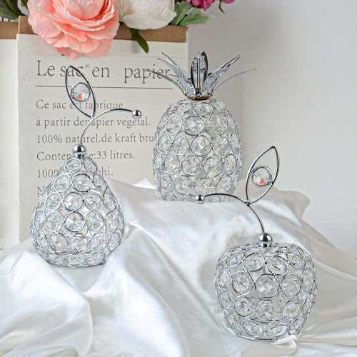 Set of 3 Crystal Metal Pineapple Pear Table Centerpiece Handmade Crystal Candlestick Hollow Fruit Ornament Home Party Wedding Holiday Bar Decoration (Silver, Set of 3) - color: Silver