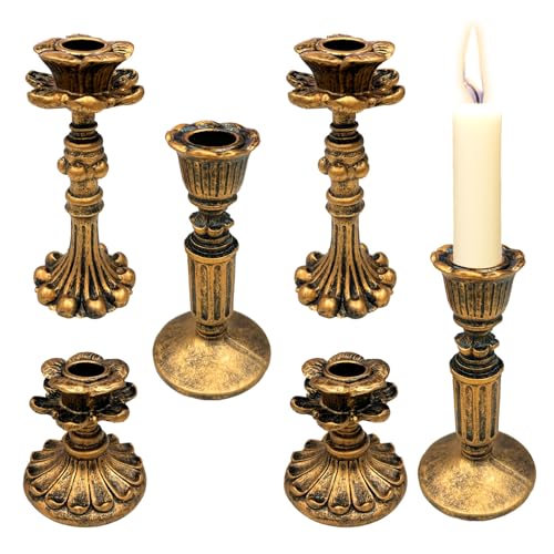 GEMLORD 6 Pcs Vintage Candlestick Holders for Taper, Resin Candle Holder Retro Antique Bronze Candle Holder for Wedding Party Anniversary Table Fireplace Home Decoration (3 Style)
