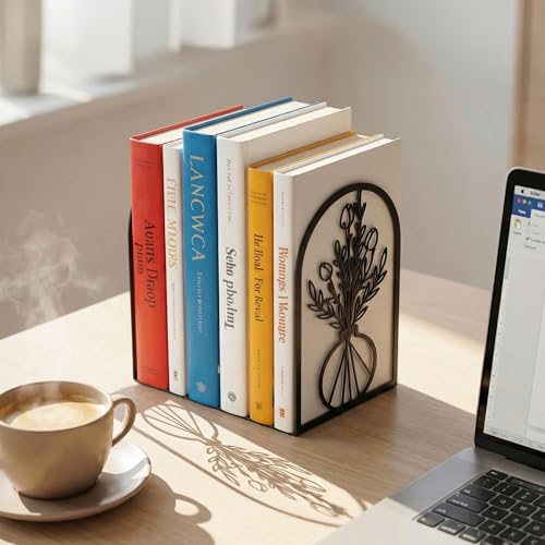 Sanwarm Metal Bookends Flower Vase Floral Book Ends Decorative Bookend for Home Office Library Desk Book Shelves Decor, Gift for Reading Enthusiasts Non-Skid Book Stoppers Holder (Black 3 Pair) - color: Floral
