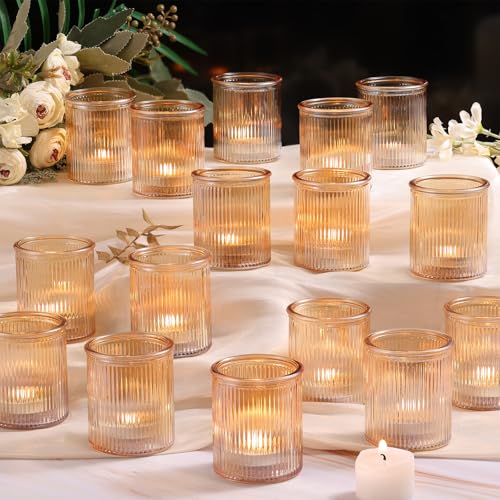 NITIME 32pcs Ribbed Gold Votive Candle Holders for Wedding Table Decor, Tea Light Candle Holder Glass, Gold Candle Holders for Table Centerpiece, Diwali and Holiday Decorations - color: Gold