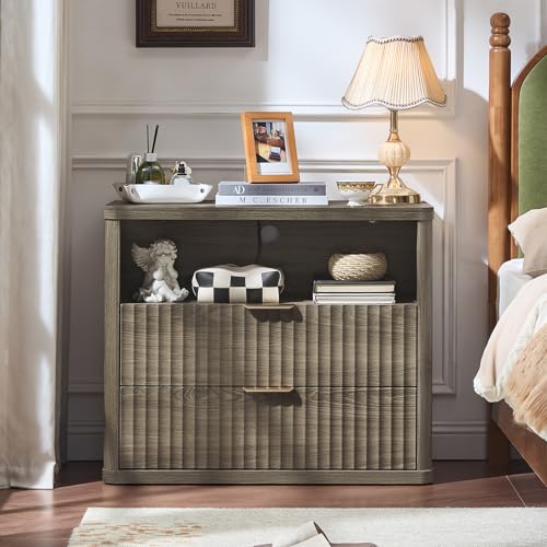 LEYAOYAO 31" Wide Fluted Nightstand with Charging Station, Oversized Extra Large 2 Drawers Night Stand,Grey Wood Bedside Table,Tall Bed Side End Tables,Modern Chest of Drawers Dressers for Bedroom - color: Grey, size: 2 Drawers
