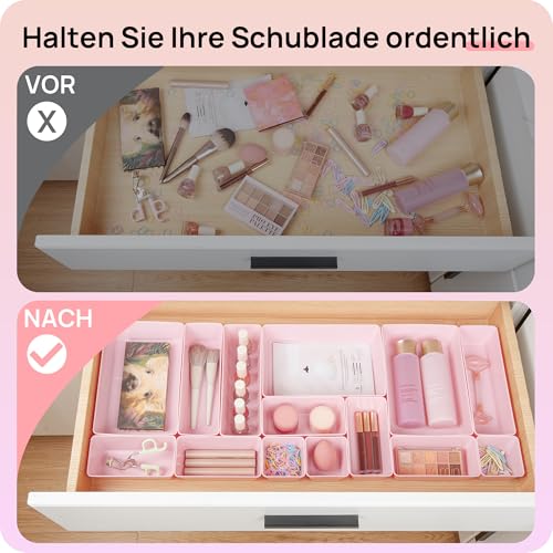 Vtopmart 25 PCS Plastic Drawer Organizers Set, 4-Size Versatile Bathroom and Vanity Drawer Organizer Trays, Storage Bins for Makeup, Bedroom, Kitchen Gadgets Utensils and Office - color: Pink