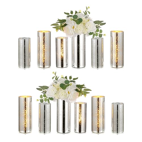 Glass Cylinder Vases Set of 12, Hewory Glittery Silver Vase for Centerpieces, Glass Hurricane Candle Holders for Pillar Floating Candle, Round Tall Vase for Wedding Anniversary Events Home Table Decor - color: Silver