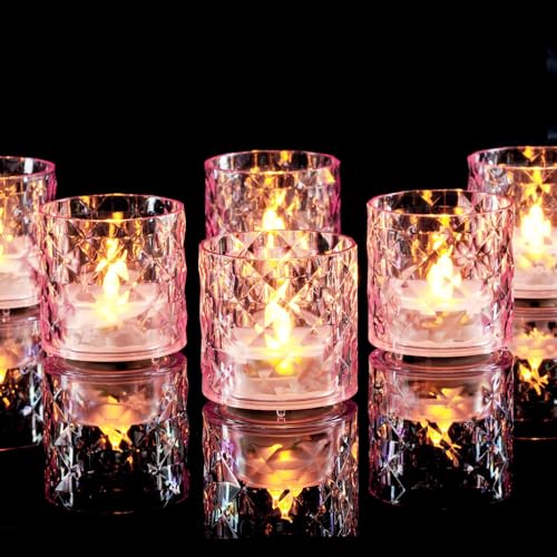Homemory 2" x 2" Acrylic Votive Candle Holders with Auto Timer Flameless Led Tealight with, Battery Powered Fake Electric Candles for Wedding Centerpiece, Table, Christmas Decor (6Pack, Pink Base) - color: Pink, size: 6 Pack