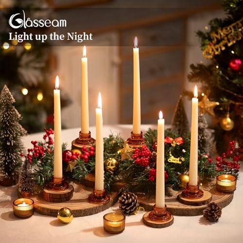Glasseam Glass Taper Candle Holders: 10Pcs Small Tapered Candlestick Holders Bulk Short Amber Short Candle Sticks Holder Decor for Table Centerpiece Vintage Thanksgiving Christmas Fall Dinner Party - color: Amber