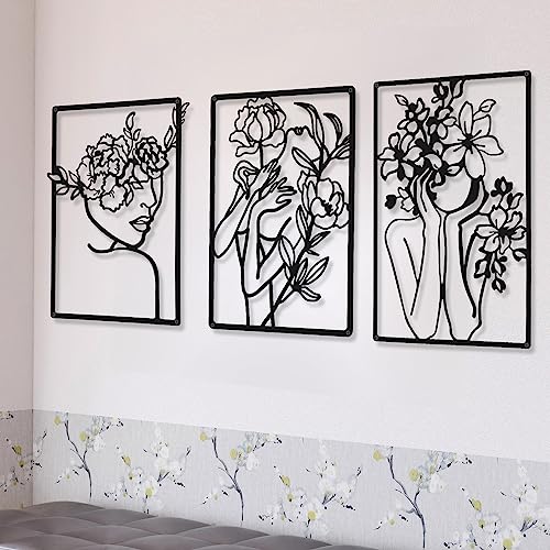 CHENGU 3 Pieces Metal Minimalist Abstract Woman Wall Art Line Drawing Wall Art Decor Single Line Female Home Hanging for Kitchen Bathroom Living Room - style: Classic Style