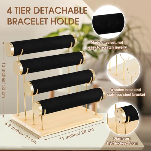 Wenqik 4 Tier Detachable Bracelet Holder Bracelet Display Stand Beige Velvet Jewelry Organizer Displays for Bangles Necklace Watches Scrunchies Hair Ties (Black) - color: Black, size: 13 x 11 x 8.3 Inch