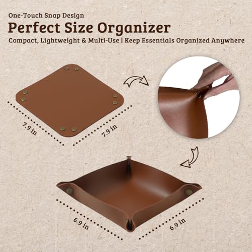 3 PACK PU Leather Jewelry Valet Tray Organizer, Foldable & Portable Catch All Bowl for Entryway Table, Nightstand, Desk & Travel | Storage Dish for Keys, Watch, Coin, Glasses (Brown) - color: Brown