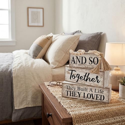 4 Pcs Farmhouse Home Decoration Wooden Tabletop and So Together They Built a Life They Loved Decor Motivational Tiered Tray Decor Rustic Block Sign Retro Bead Garland Table Centerpiece for Shelf Desk - style: and So Together