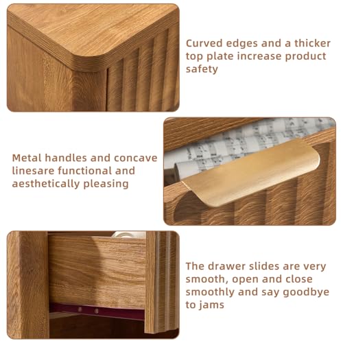 LEYAOYAO 31" Wide Fluted Nightstand with Charging Station, Oversized Extra Large 1 Drawer Night Stand with Golden Handle, Brown Wood Bedside Table Tall End Tables,for Bedroom, Living Room, Hallway - color: Brown, size: 1 Drawers