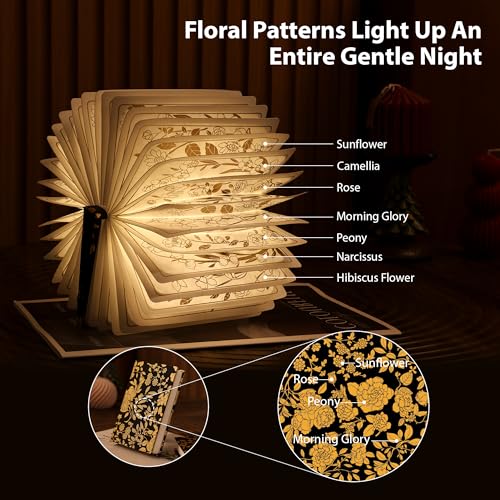 Floral Print Book Light,3-Color Book Lamp Book Lovers Gifts | 1200mAh Portable Foldable Paper Desk Lamp | Night Reading Bookshelf Lamp,Valentine Ambient Lighting Decorations Gifts(Black Gold) - color: Black
