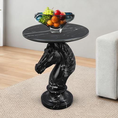 Sculptural Horse Side Table - End Table with Faux Marble Top Unique Horse Statue Decor for Living Room Bedroom Entryway Elegant Animal Sculpture Unique Horse Lover Gifts - color: Black Horse Base