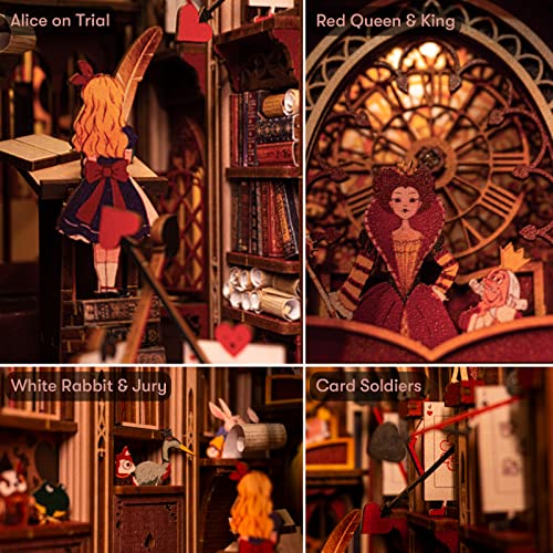 MiniCity DIY Book Nook Kit for Adults, 3D Wooden Puzzle Bookend Bookshelf Insert Decor with LED Light and Dust Cover (Alice in Wonderland) - style: Alice in Wonderland