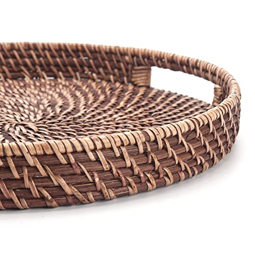 Round Rattan Woven Serving Tray with Handles Ottoman Tray for Breakfast, Drinks, Snack for Coffee Table, Home Decorative (11"x1.6", Honey Brown) - size: 11"
