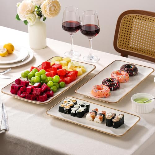 Ceramic Rectangle Serving Platter with Brown Rim: 15.6/14.1/12.6 Inch Large Serving Dishes for Entertaining Party, Sushi, Turkey, Cheese, Snack and Dessert, Microwave Dishwasher Safe - color: White, size: Rectangle