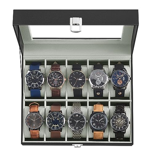 SONGMICS Watch Box, 10-Slot Watch Case Organizer with Large Glass Lid, Removable Pillows, Gift for Loved Ones, Black Synthetic Leather, Gray Lining UJWB010BK - color: Black + Gray, size: 10 Slot