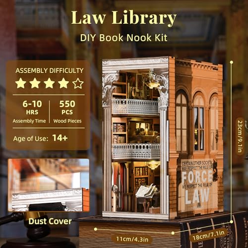 MiniCity DIY Book Nook Kit for Adults, 3D Wooden Puzzle Bookend Bookshelf Insert Decor with LED Light and Dust Cover (Law Library) - style: Law Library