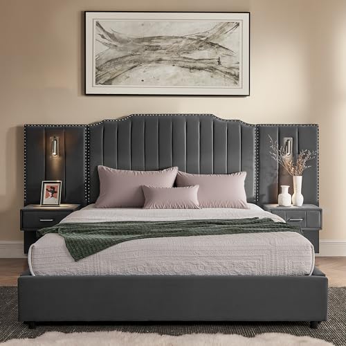 Luxury Queen Size Bed Frame with LED Lights and Nightstands, Modern Velvet Upholstered Platform Bed Frame with Oversized Headboard, Buttons Around, No Box Spring Needed, Grey | Breathable material - color: Grey-velvet, size: Queen