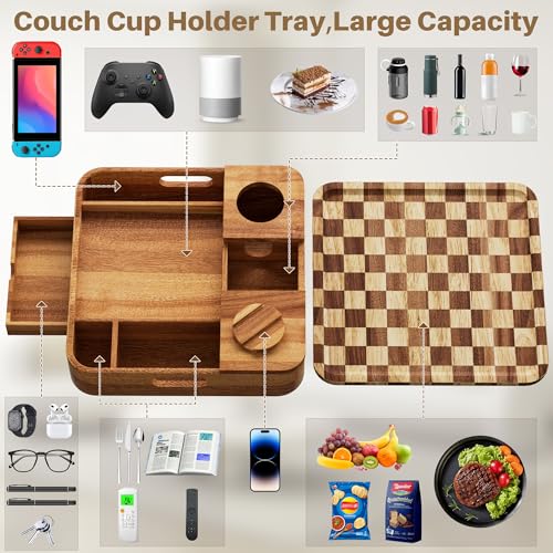 Couch Cup Holder, Checkered Couch Tray Cup Holder Sofa Tray, Acacia Wood Large Capacity 2-Tier Wooden Trays with Drawer for Sofa, Bed, Picnic, Drinks, Snacks, Remote, Cell Phone 12.5 * 12.5 in - color: Acacia Wood + Checkered