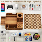 Couch Cup Holder, Checkered Couch Tray Cup Holder Sofa Tray, Acacia Wood Large Capacity 2-Tier Wooden Trays with Drawer for Sofa, Bed, Picnic, Drinks, Snacks, Remote, Cell Phone 12.5 * 12.5 in - color: Acacia Wood + Checkered