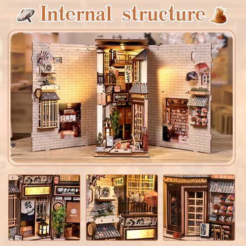 CRIOLPO Book Nook Kits for Adults - DIY Miniature Bookshelf Insert with LED Lights, Creative Craft Book Nook Kits for Adults, Cat Waiting Alley Japanese bookends Gifts for Family Friends Lovers