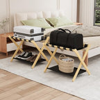 Smuxee Natural Bamboo Luggage Rack Pack of 2, Foldable Suitcase Stand with Storage Shelf, Easily Assembled Luggage Stand with 5 Nylon Straps for Guest Room Bedroom Hotel - color: Natural 2PCS