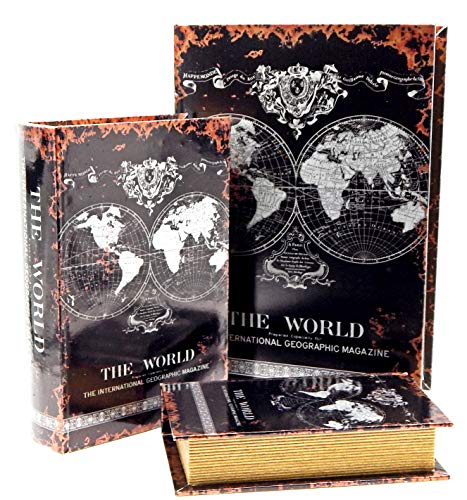 Bellaa Decorative Book Box Antiques Vintage Retro Invisible Secret Storage Faux Leather Wood Magnetic Set of 3 (Antique Map B) - style: Antique Map B